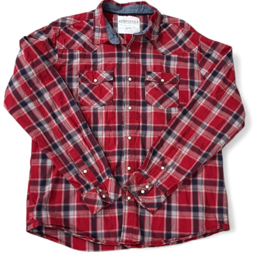 Aeropostale 90’s Red Plaid Western Snap Long Sleeve Men's Shirt Size XL